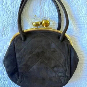 Vintage 40s Bag Black Suede & Lucite Clasp Art Deco Handbag